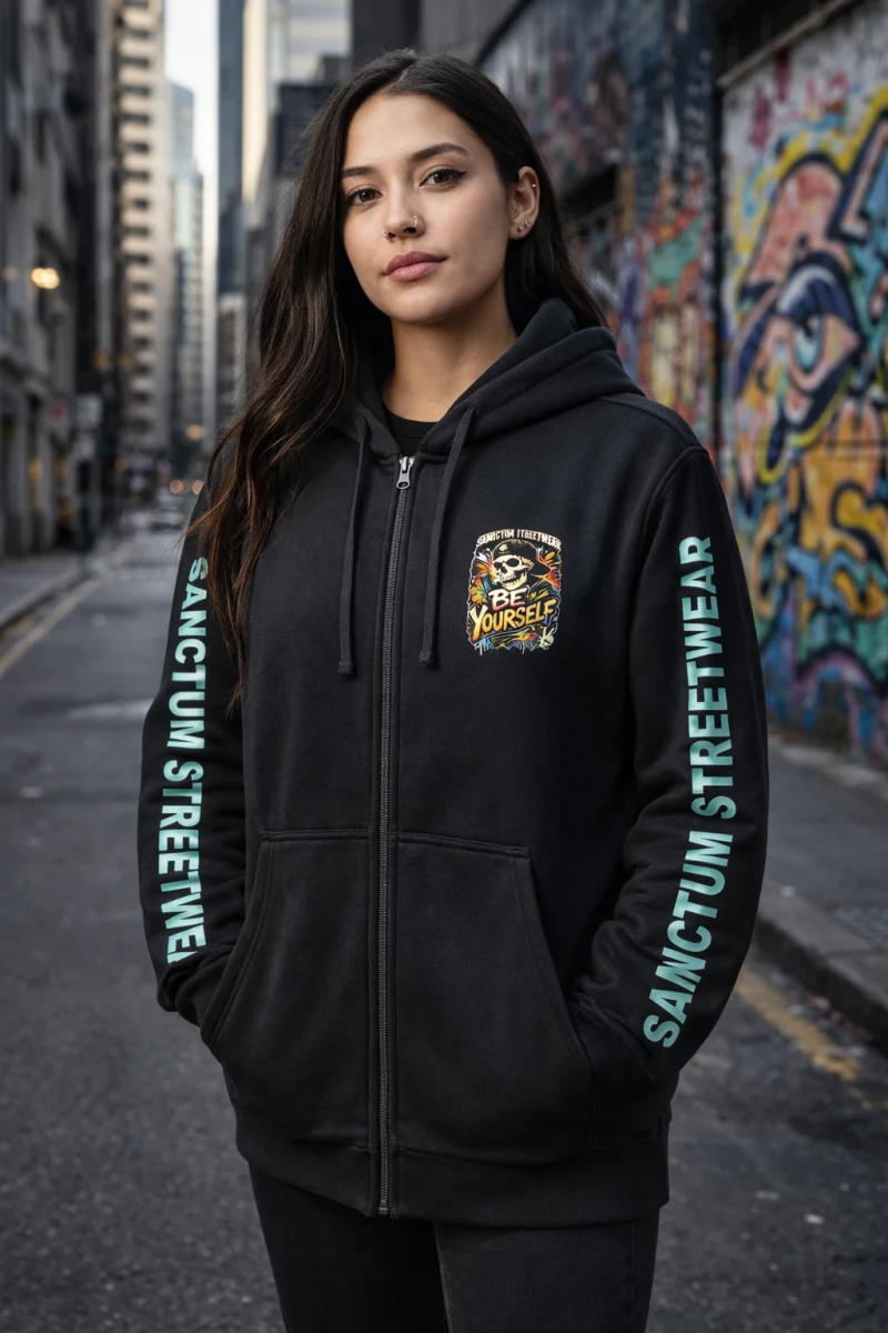 Sanctum Streetwear  Hooded Jacket Be yourself - navy   Klassische Sweatjacke mit Kapuze  Sweat-Qualität mit angerauter Innenseite  Doppellagige Kapuze mit Kordelzug  zwei Einschubtaschen  Neecktape  Bündchen mit Elasthan  Farbe: navy  Material: 80% Baumwolle, 20% Polyester Oberstoff ( 280g/ m²) 