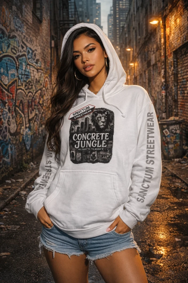 Weißer Hoodie mit Sanctum Streetwear Concrete Jungle Pic auf der Brust und auf den Ärmeln den Schriftzug SANCTUM STREETWEAR