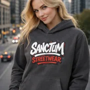 Dunkel grauer Hoodie mit Sanctum Streetwear Graffiti Logo auf der Brust