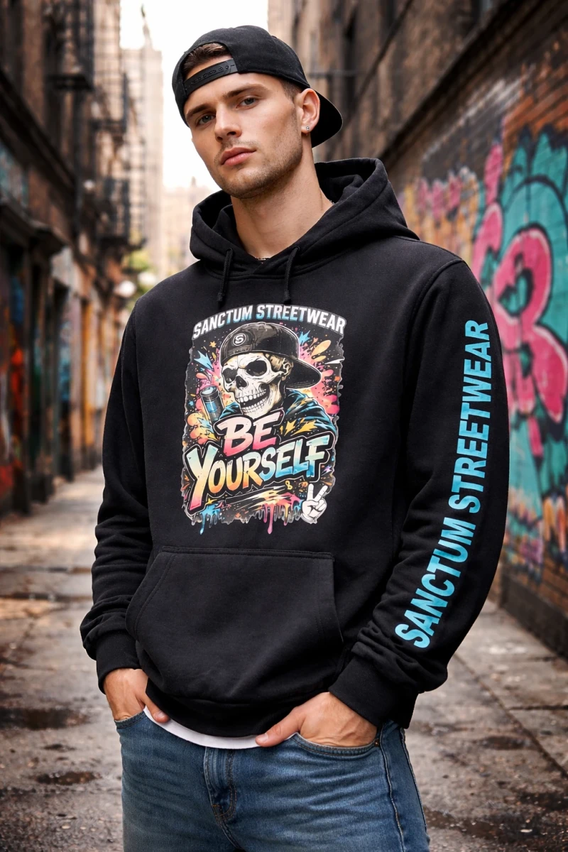 Sanctum Streetwear  Hoodie Be yourself - black   Klassischer Kapuzensweater  Sweat-Qualität mit angerauter Innenseite  Doppellagige Kapuze mit Kordelzug  Necktape  Bündchen mit Elasthan  Farbe: black  Material: 80% Baumwolle, 20% Polyester Oberstoff ( 280g/ m²) 