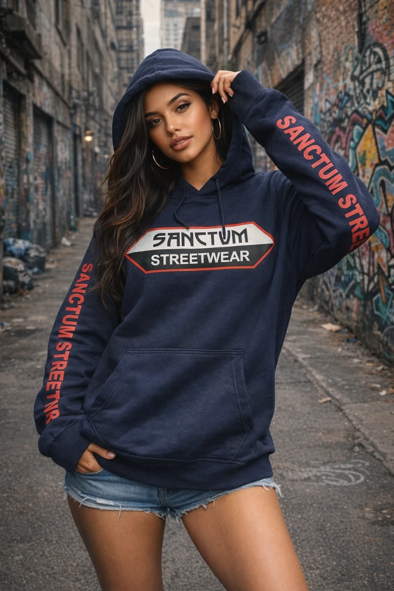 Dunkel blauer Hoodie mit Sanctum Streetwear Logo auf der Brust und auf den Ärmeln den Schriftzug SANCTUM STREETWEAR
