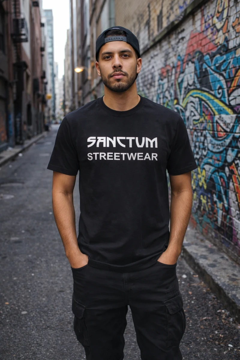 Schwarzes T-Shirt mit weißem Aufdruck Sanctum Streetwear auf der Brust