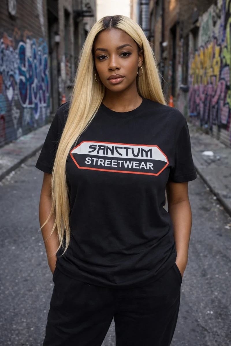 Schwarzes T-Shirt mit  Sanctum Streetwear Logo auf der Brust